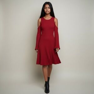 NWT Express Burgundy Cold Shoulder Knit Ribbed Flare Long Sleeve Sweater Dress M